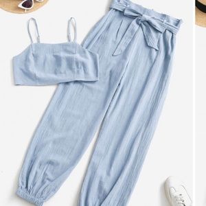 ZAFUL Smocked Back Cropped Belted Jogger Pants Set
